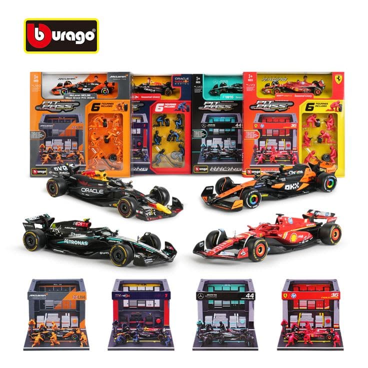 burago - Formula 1 Pit Stop- Set 1/43 with Mechanic Figures, Stand & Accessories - Official F1 Model - Realistic Details - Collector's Edition